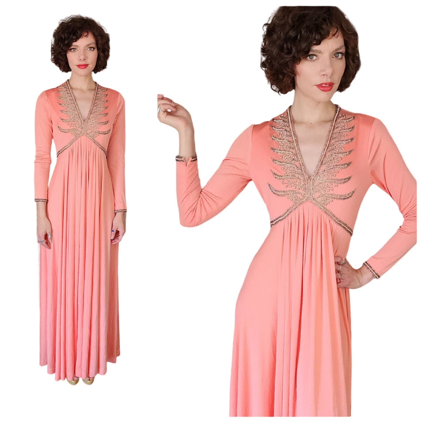 Vintage 70s Maxi Dress Peach Pink Pearls Sequins Jack Bryan / S