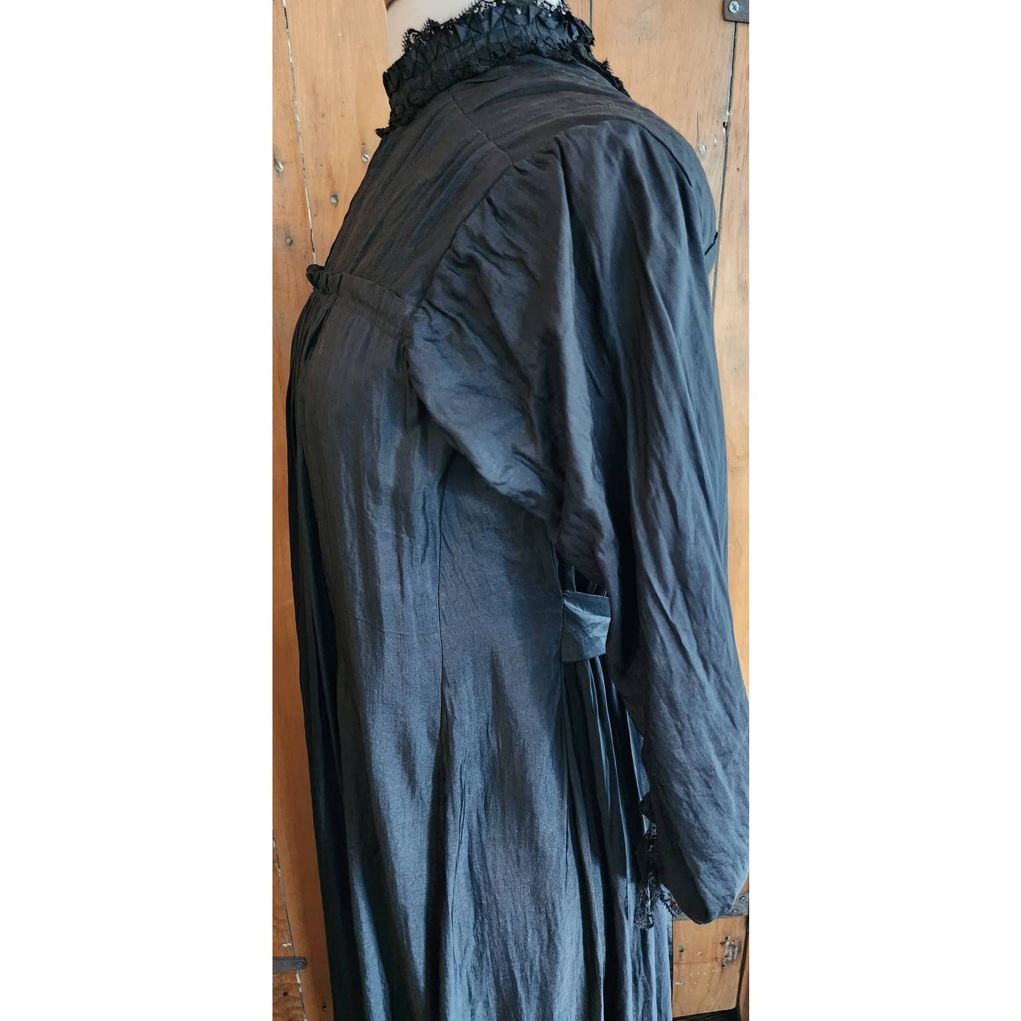 Antique 1910s Black Day Dress Long Sleeves Pleated Cotton Edwardian M