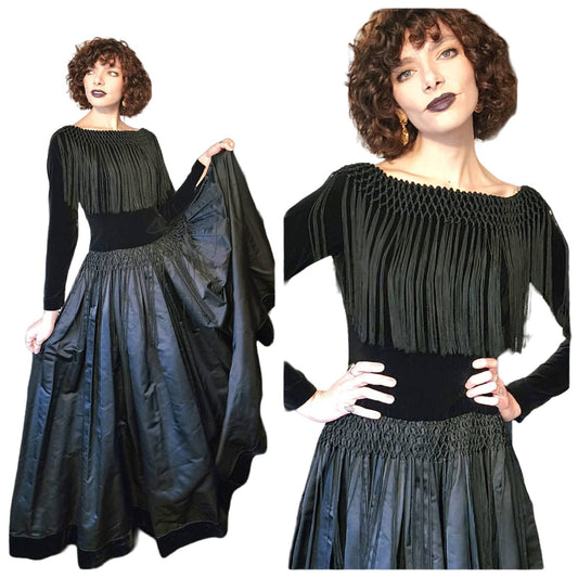Vintage 70s Bill Blass Evening Dress Black Velvet Satin Fringe