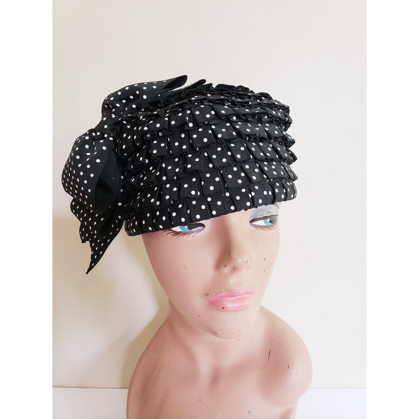 Vintage 60s Hat Black White Polka Dot Print Mod Toque Bow Ruffles