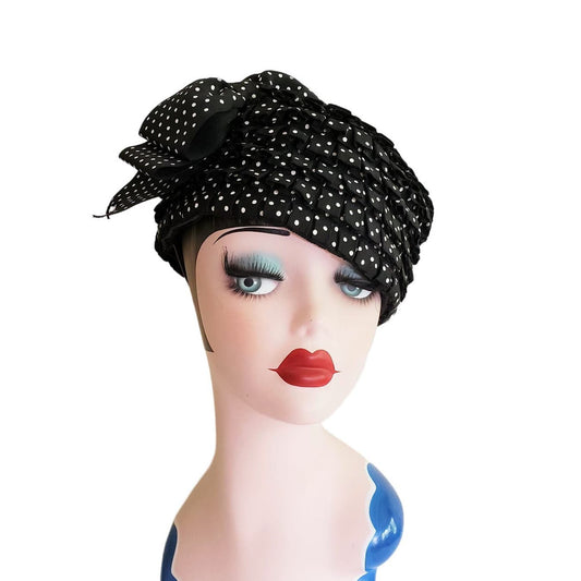Vintage 60s Hat Black White Polka Dot Print Mod Toque Bow Ruffles