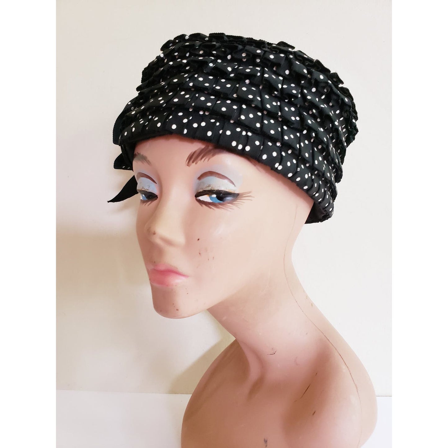Vintage 60s Hat Black White Polka Dot Print Mod Toque Bow Ruffles