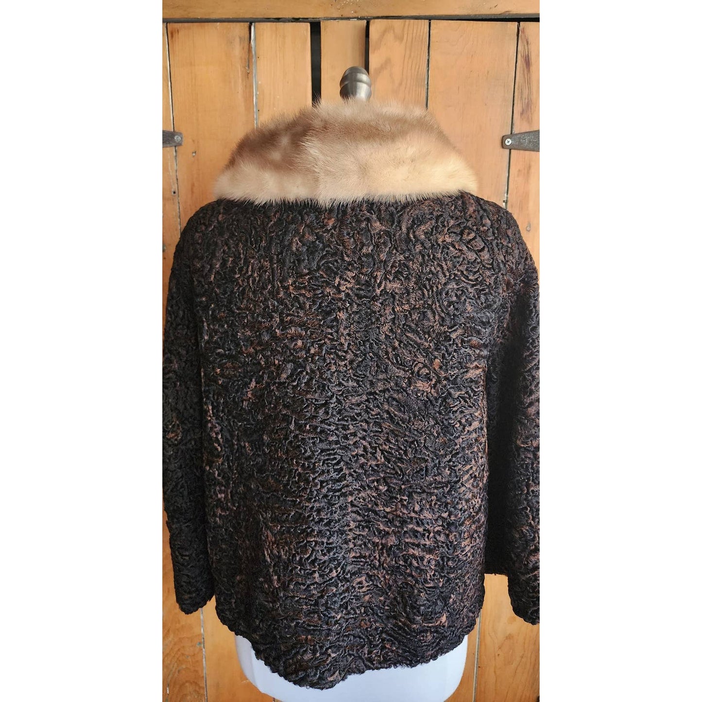 Vintage 50s Fur Collared Jacket Brown Persian Curly Wool Gordons