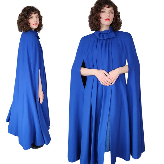 Vintage Blue Wool Cloak 80s Does 40s Large Shoulders