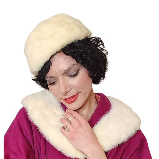 Vintage 60s White Mink Fur Hat Pillbox Beanie Hudson's Salon Detroit
