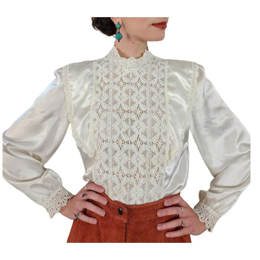 Vintage 80s Cream Blouse Neo Edwardian Lacy Shirt