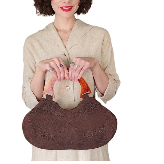 Vintage 40s Brown Corde Hand Bag Tortoiseshell Lucite Strap