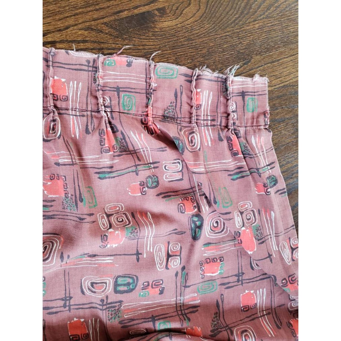 Vintage 40s Curtain Panel Brown Red Green Graphic Print MCM