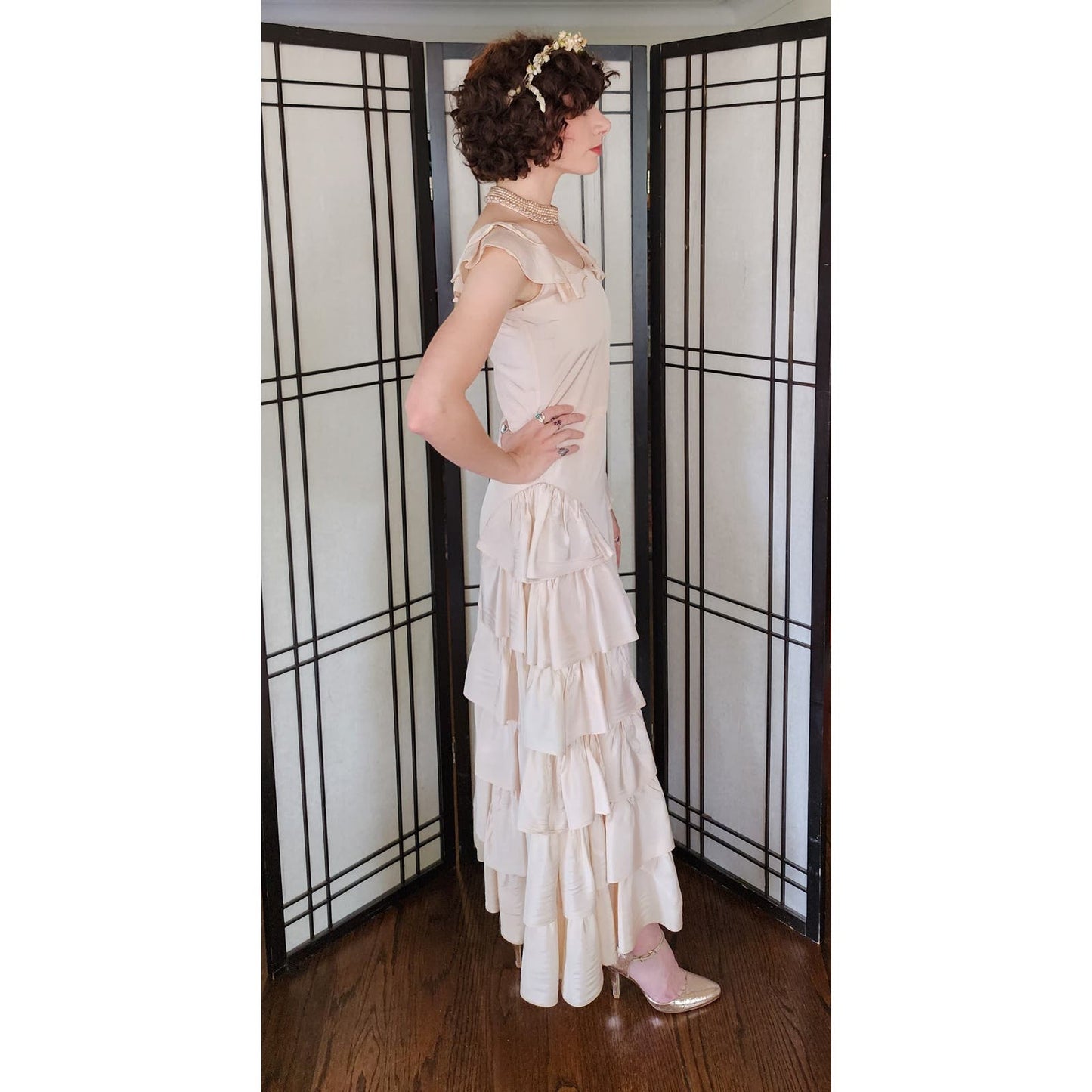 Vintage 30s Peach Satin Evening Dress Ruffled Skirt