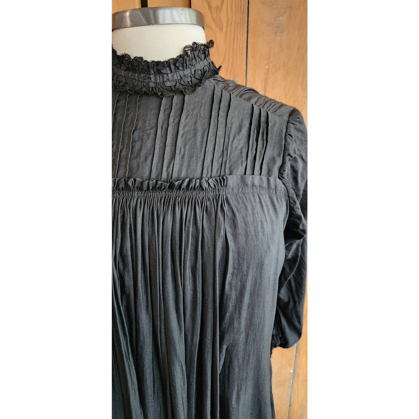 Antique 1910s Black Day Dress Long Sleeves Pleated Cotton Edwardian M