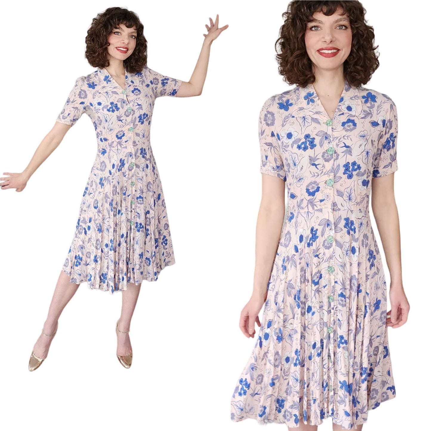 Vintage 30s Rayon Print Shirtdress Pink Blue Floral