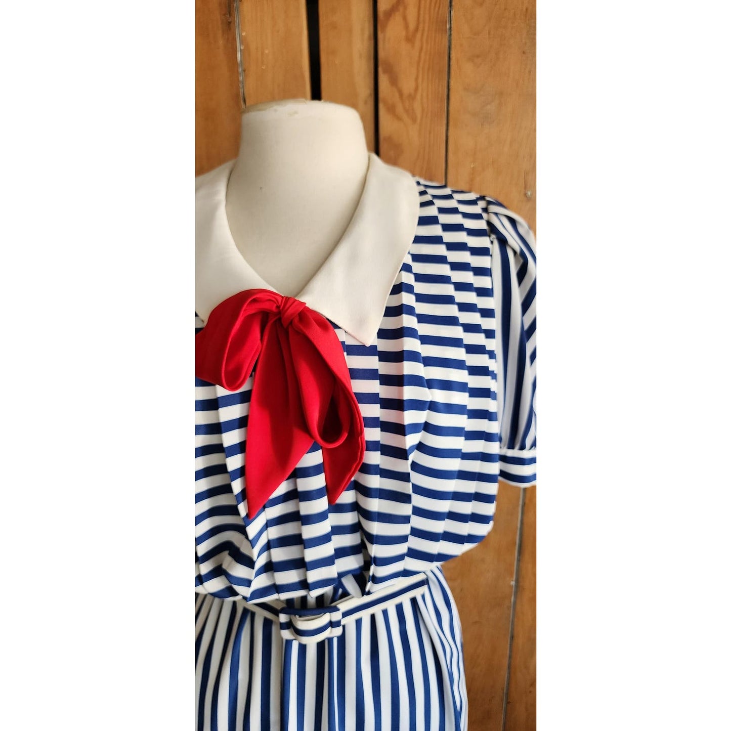 Vintage 80s Nautical Striped Dress Sailor Collar Red Pussycat Bow Charles Alan