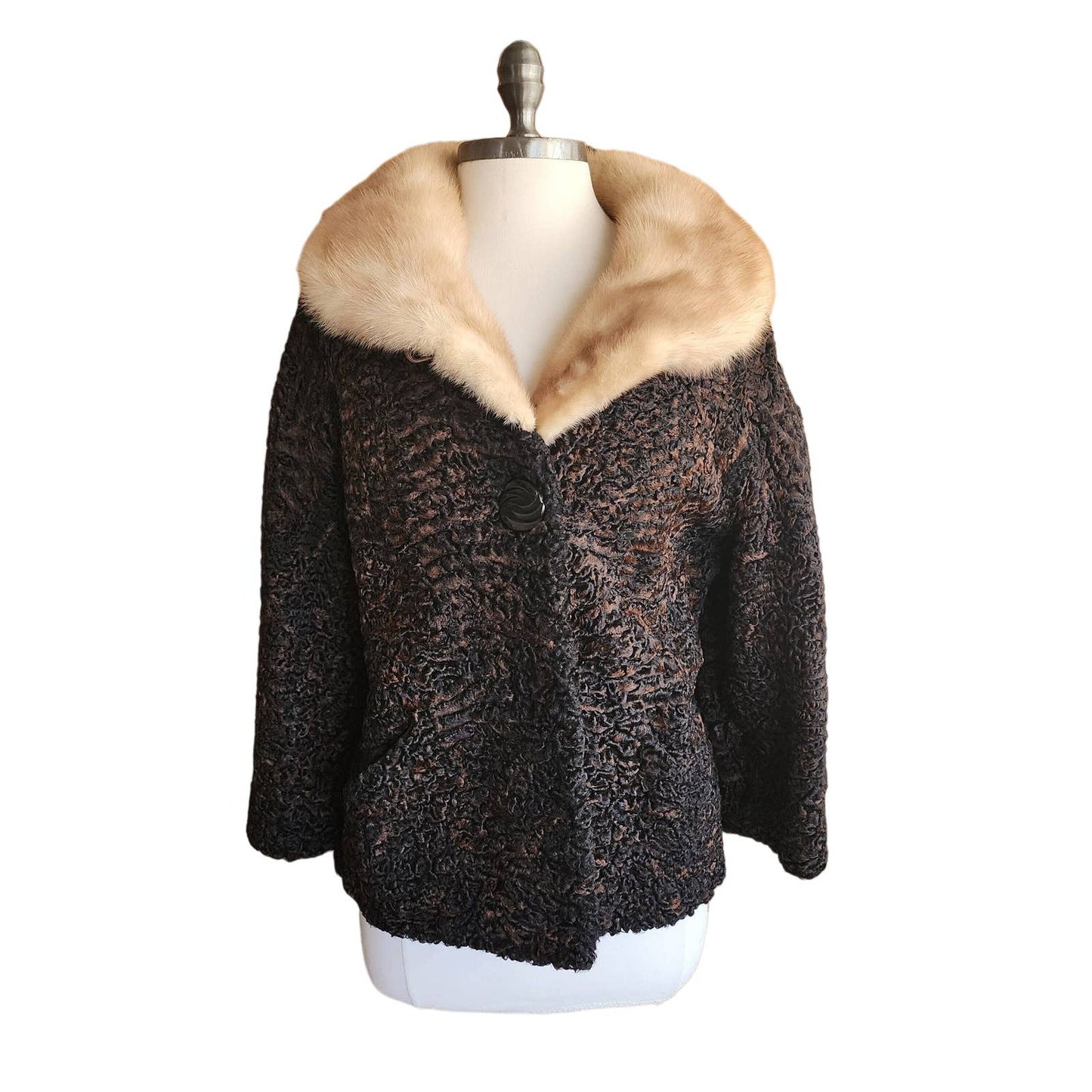 Vintage 50s Fur Collared Jacket Brown Persian Curly Wool Gordons