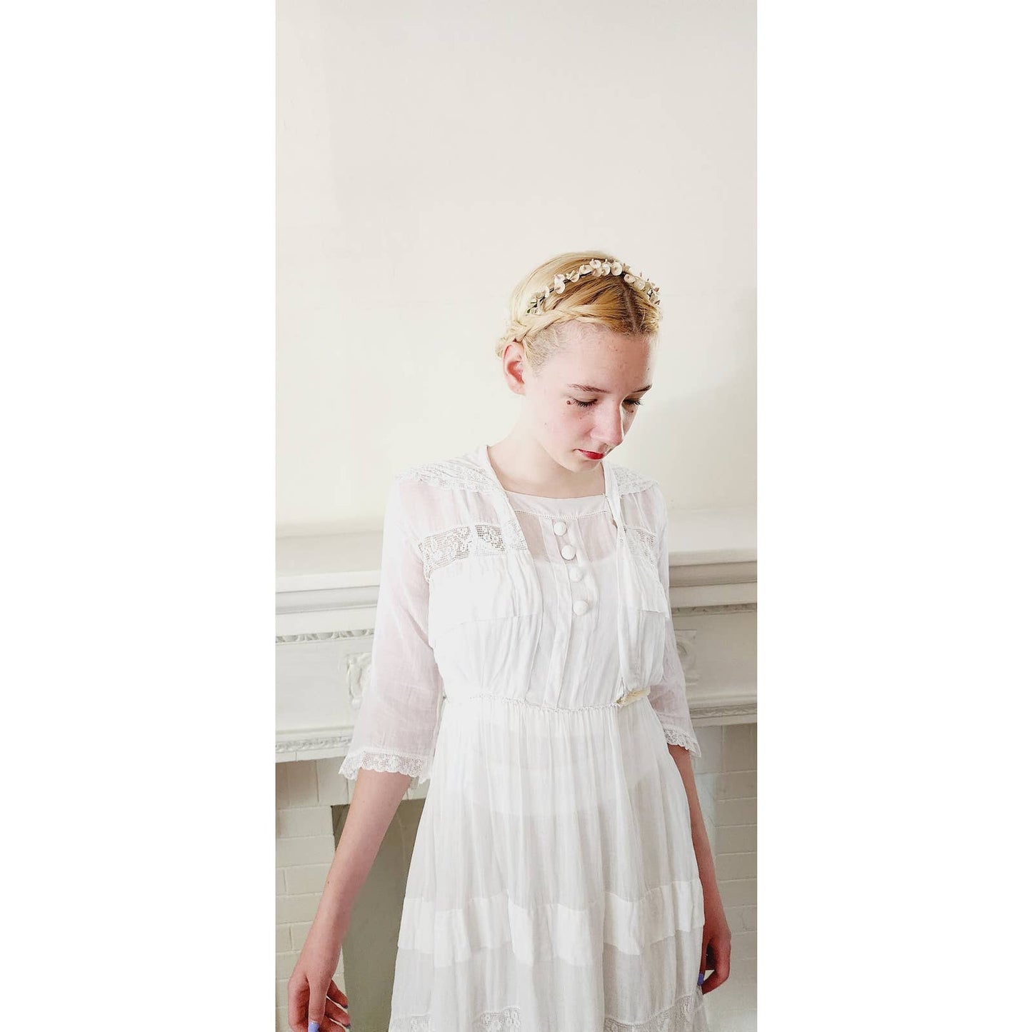 Edwardian White Cotton Tea Dress Sailor Collar Mildred