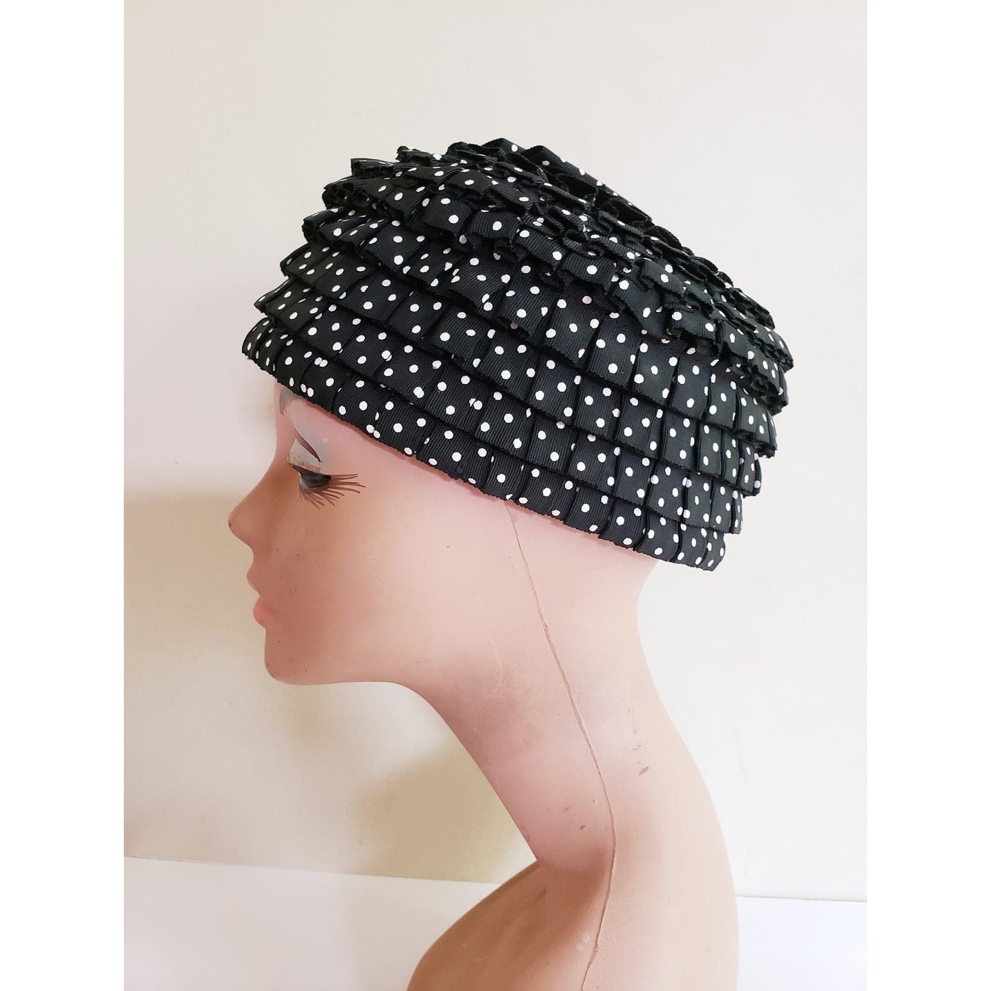 Vintage 60s Hat Black White Polka Dot Print Mod Toque Bow Ruffles