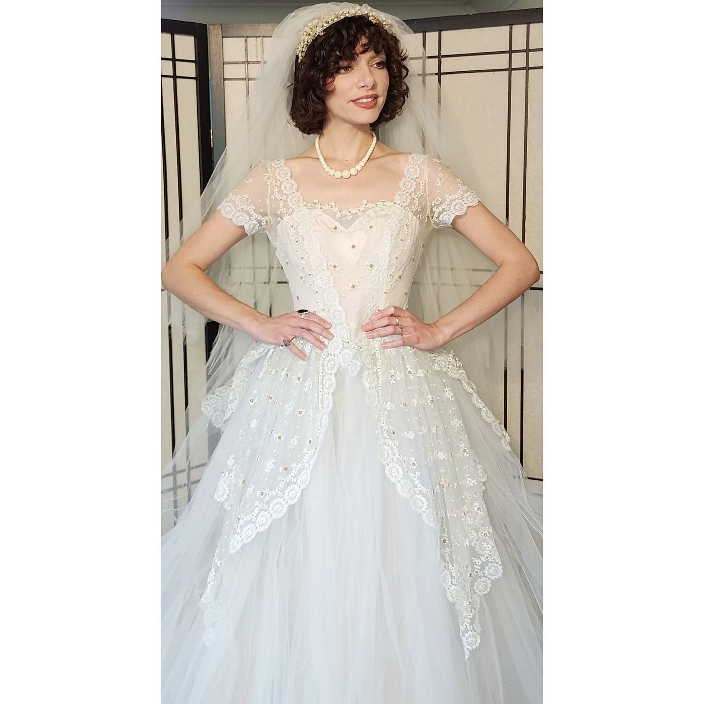 50s White Lace Wedding Dress w/Veil + Garter Marshall Fields