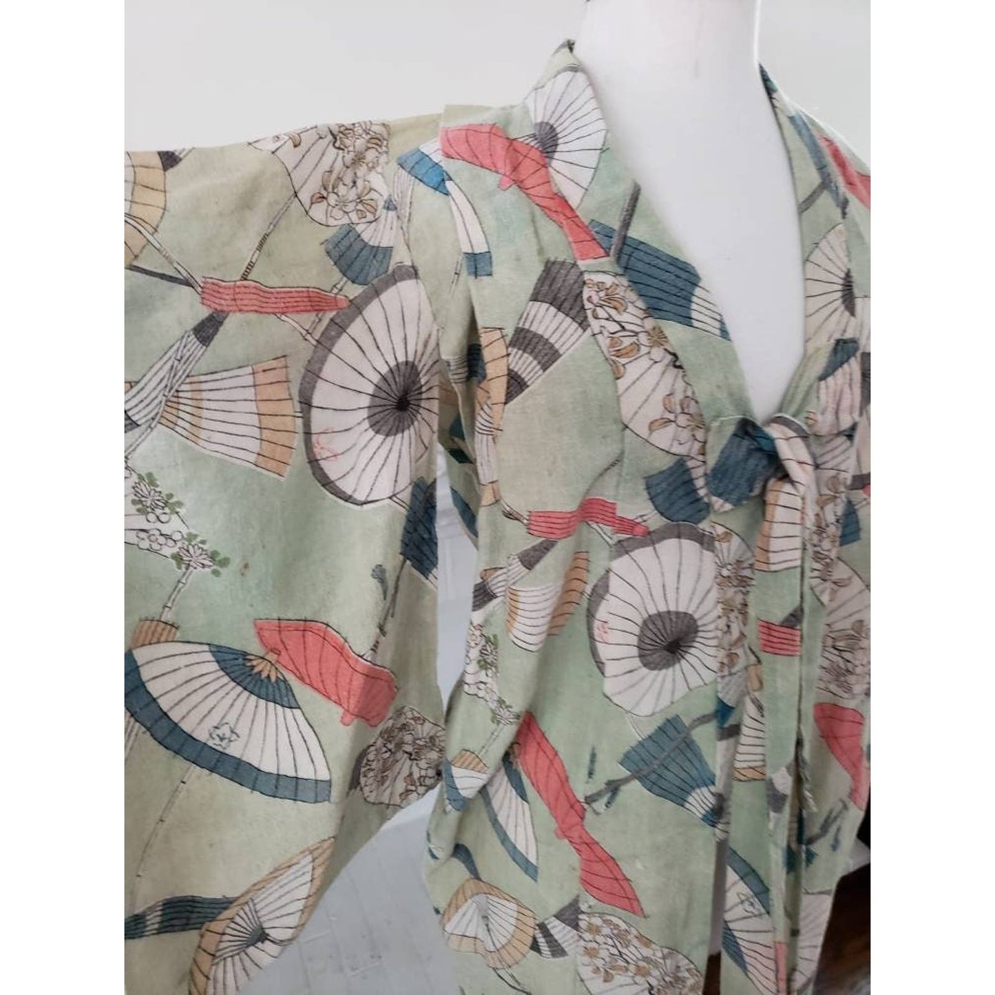 Vintage Kimono Haori Jacket Cotton Linen Umbrella Print