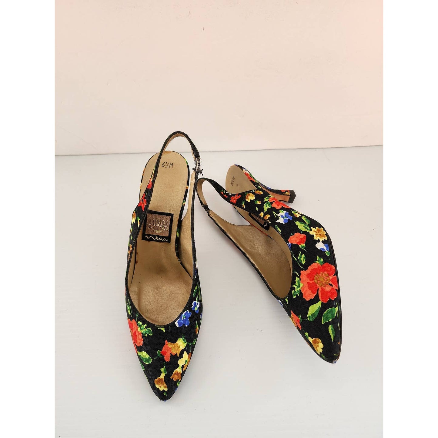 Vintage 90s Slingbacks Dark Floral Print Shoes Kitten Heels Nina size 6.5