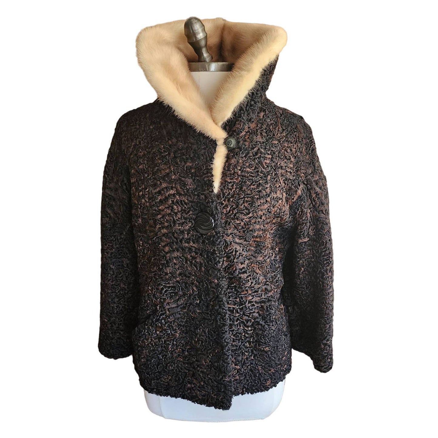 Vintage 50s Fur Collared Jacket Brown Persian Curly Wool Gordons