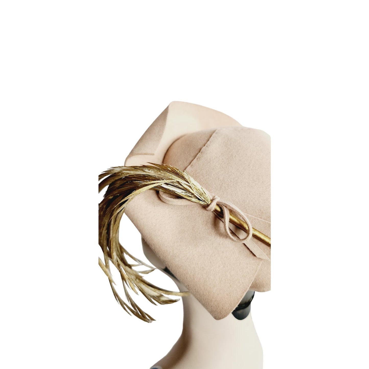 Vintage 50s Cocktail Hat Beige Wool Gold Feathers Beverly Devon