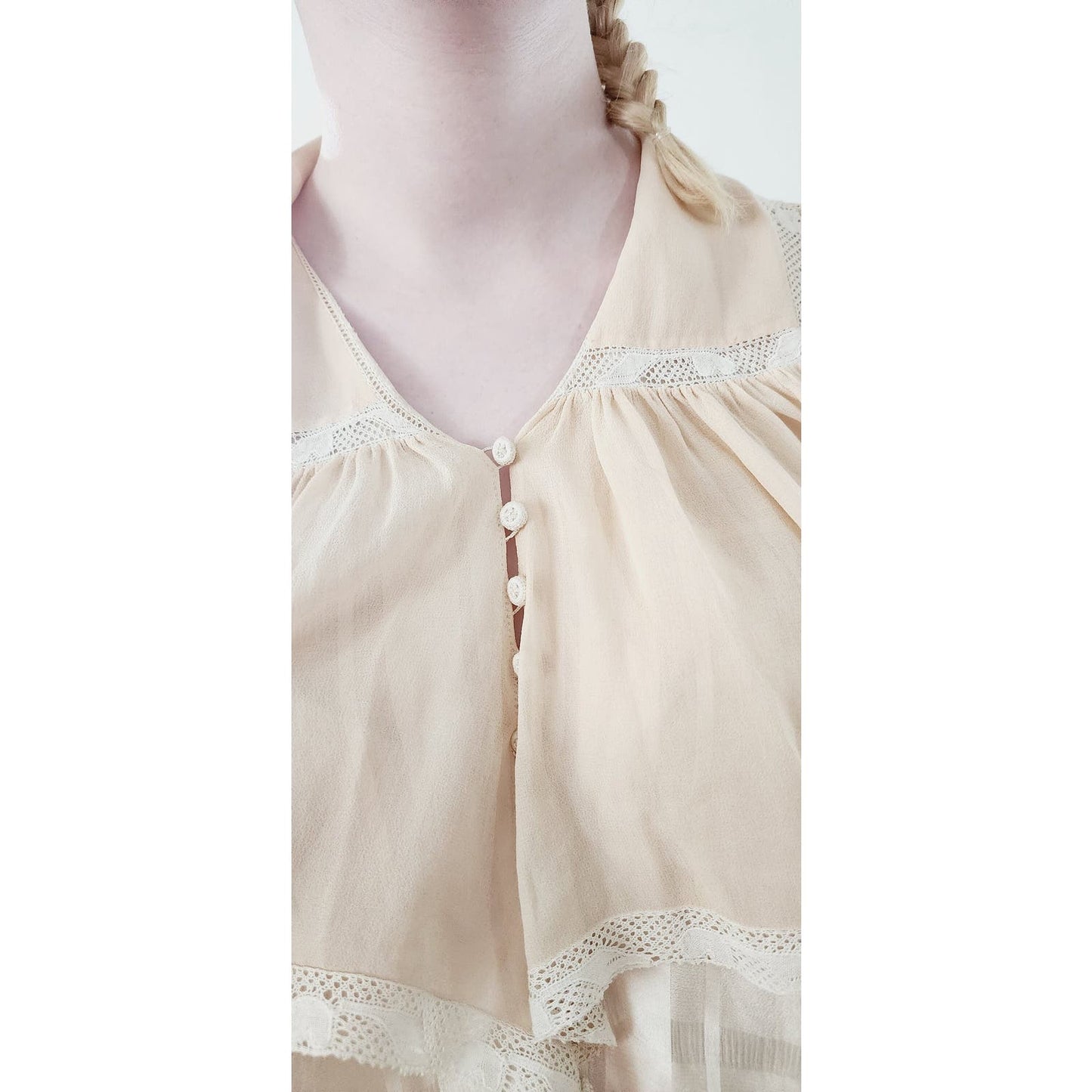 Edwardian Beige Silk Blouse Check Pattern Long Sleeve Waist Sash