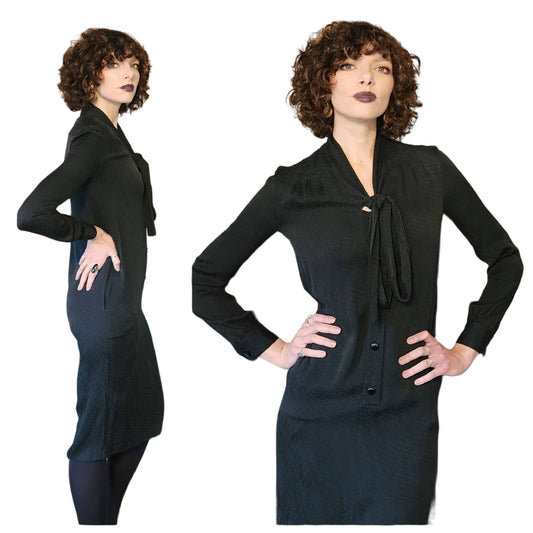 Vintage 70s Christian Dior Dress Long Sleeved Black Silk