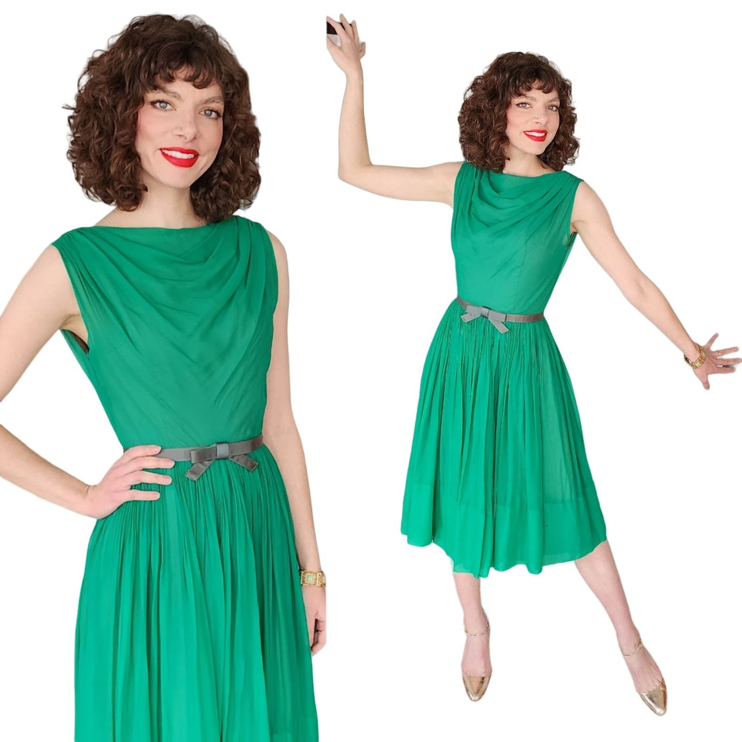 Vintage 50s Green Chiffon Party Dress L'Aiglon