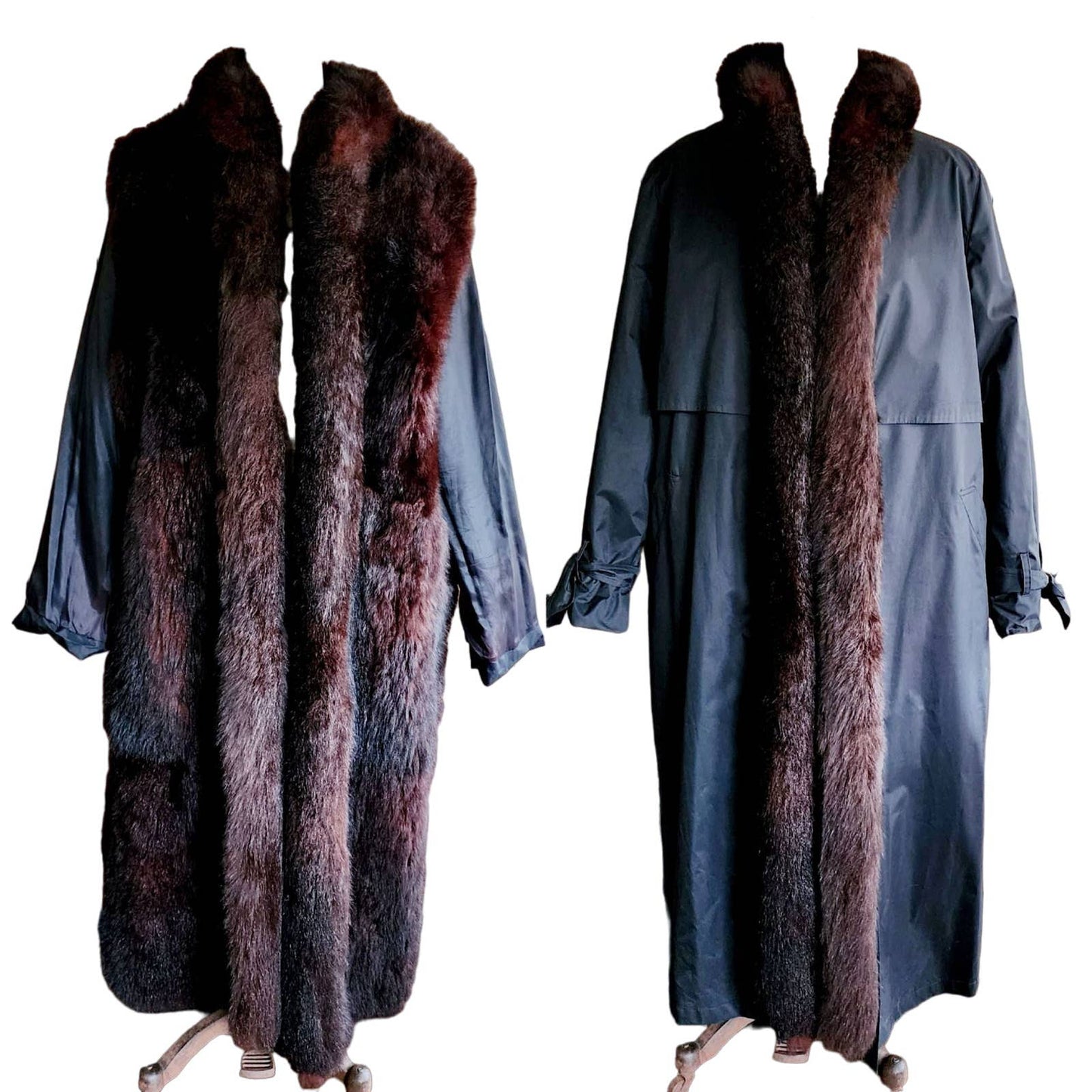 Vintage 80s Neiman Marcus Fur Coat Brown Possum Reversible Black Trench