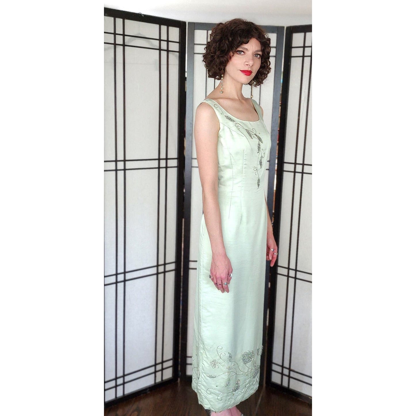 Vintage 60s Pale Green Evening Dress Beaded Sequined Silk L