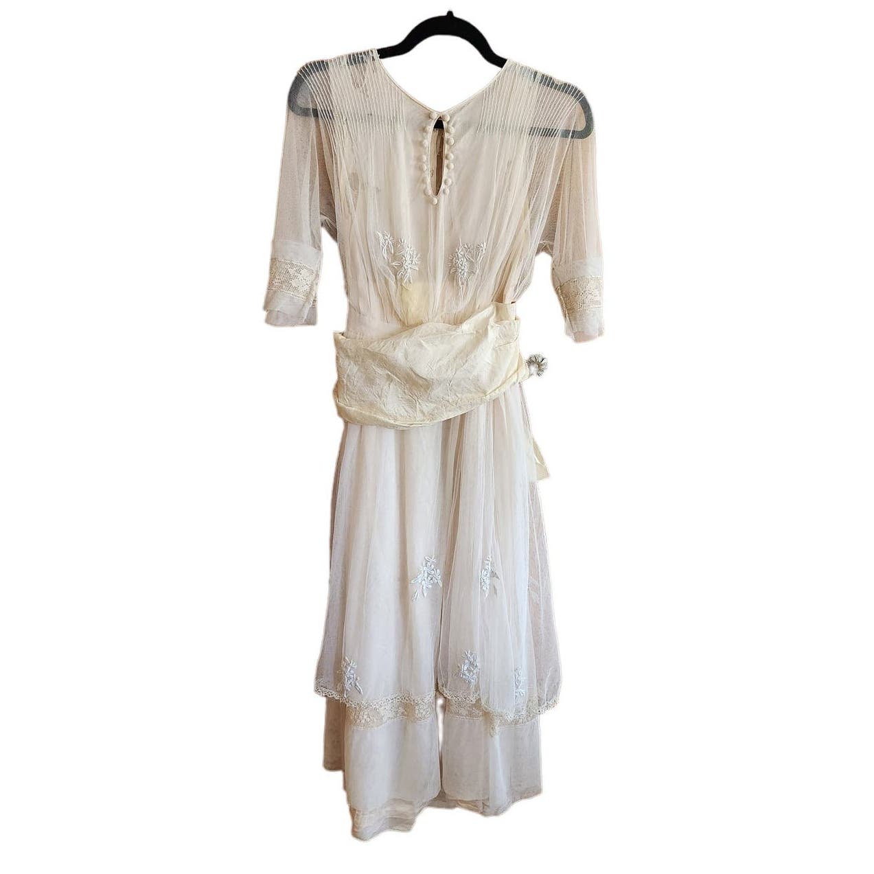 Edwardian 1910s Dress Marshall Fields Beige Embroidered Gauze