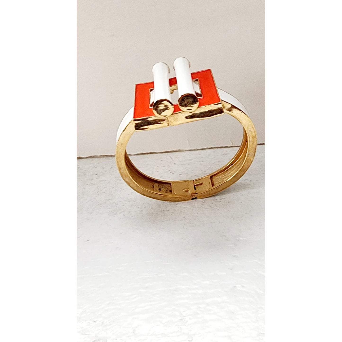Vintage Modernist Trifari Bracelet Enamel Orange Red White Geometric