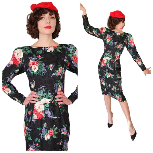 Vintage 80s Dark Floral Print Silk Dress Maggy London Long Sleeved