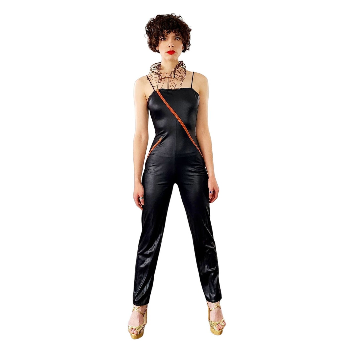 Vintage 80s Black Bodysuit Red Zippers Fredericks of Hollywood Skintight Jumpsuit