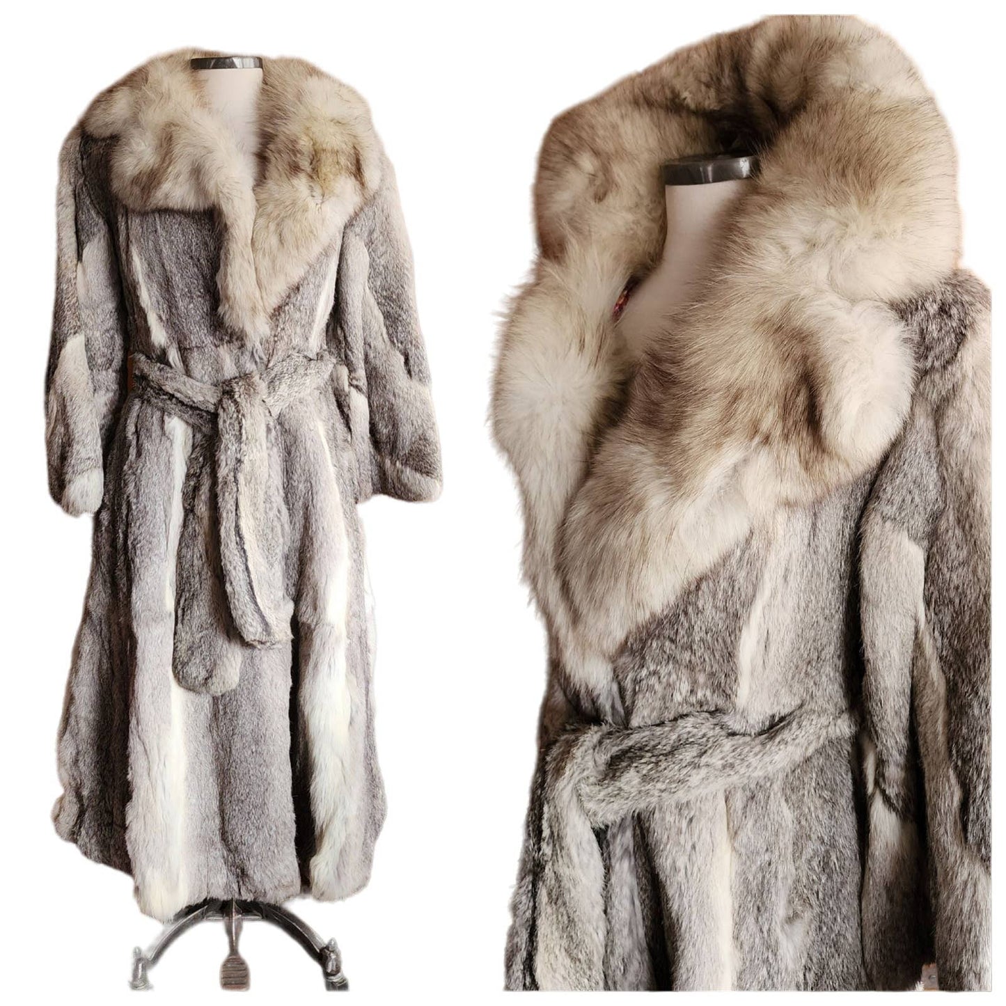 Vintage 70s Gray Fur Boho Coat Belted Fox & Rabbit Medium