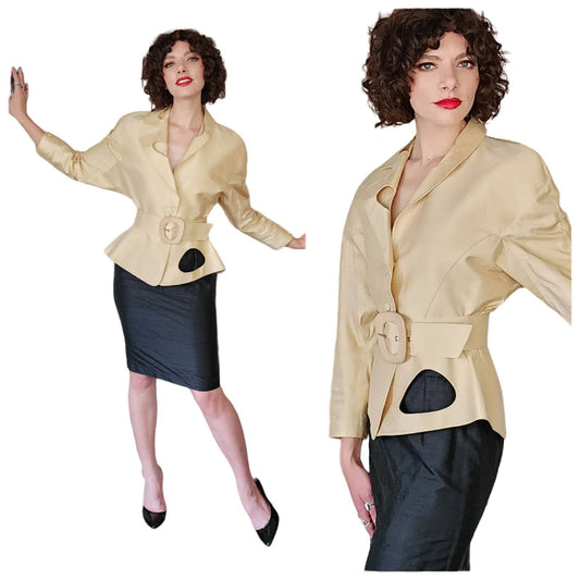 Vintage 90s Thierry Mugler Skirt Suit Beige Black Silk 40