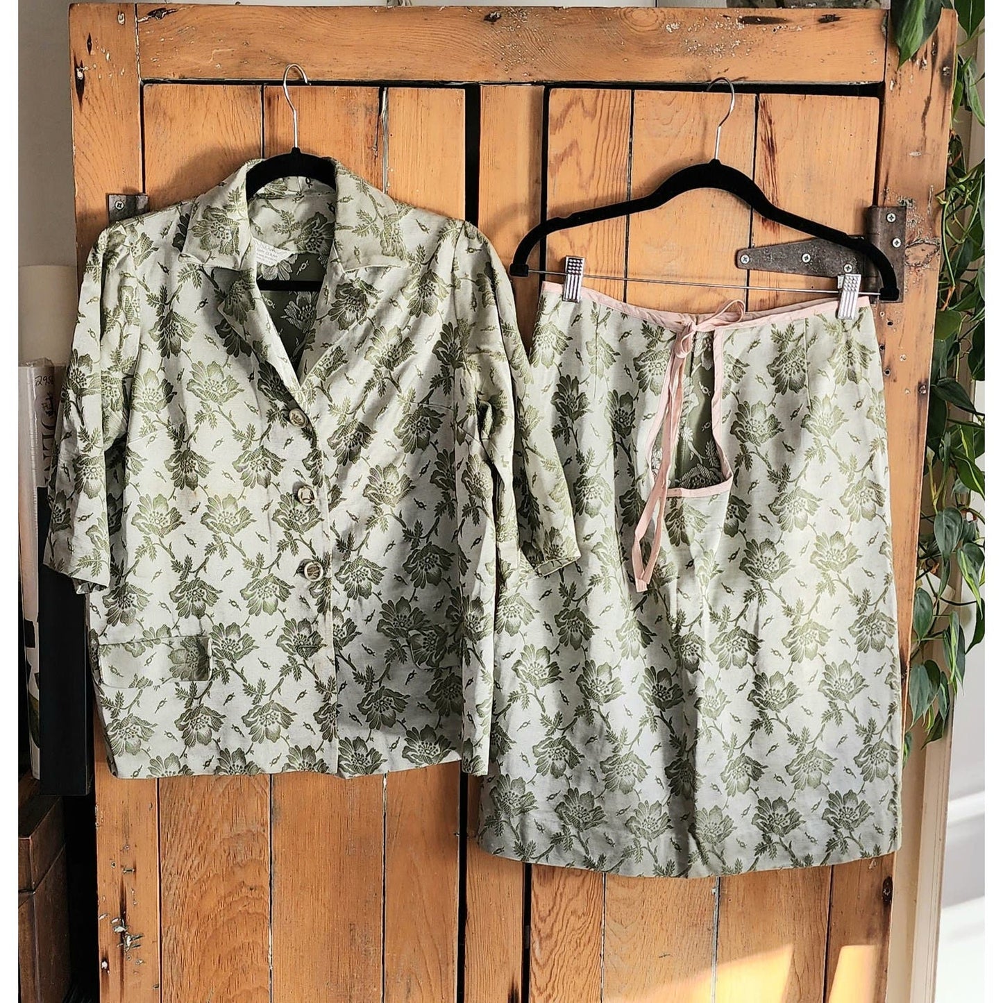 Vintage 60s Maternity Skirt Suit Light Green Floral Brocade Sears