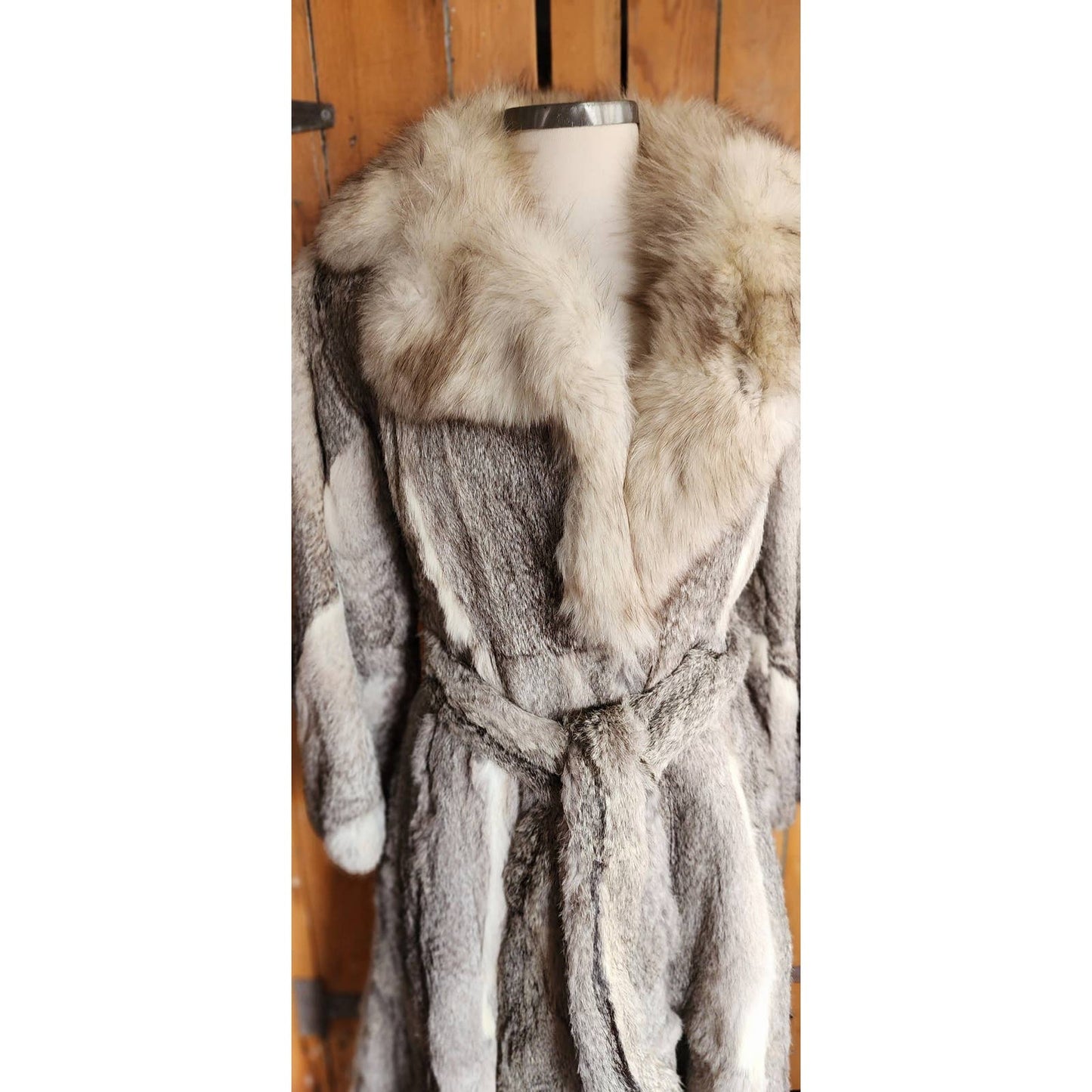 Vintage 70s Gray Fur Boho Coat Belted Fox & Rabbit Medium