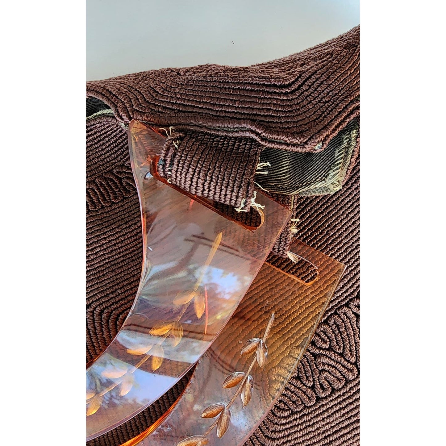 Vintage 40s Brown Corde Hand Bag Tortoiseshell Lucite Strap