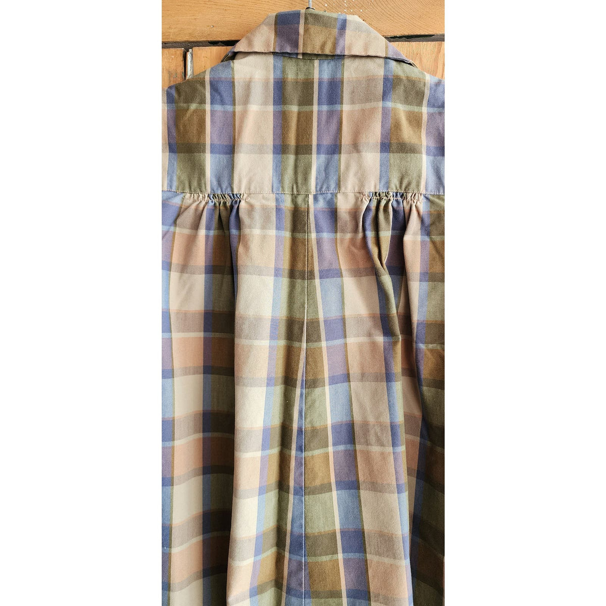 Vintage 60s Maternity Blouse Plaid Print Blue Beige