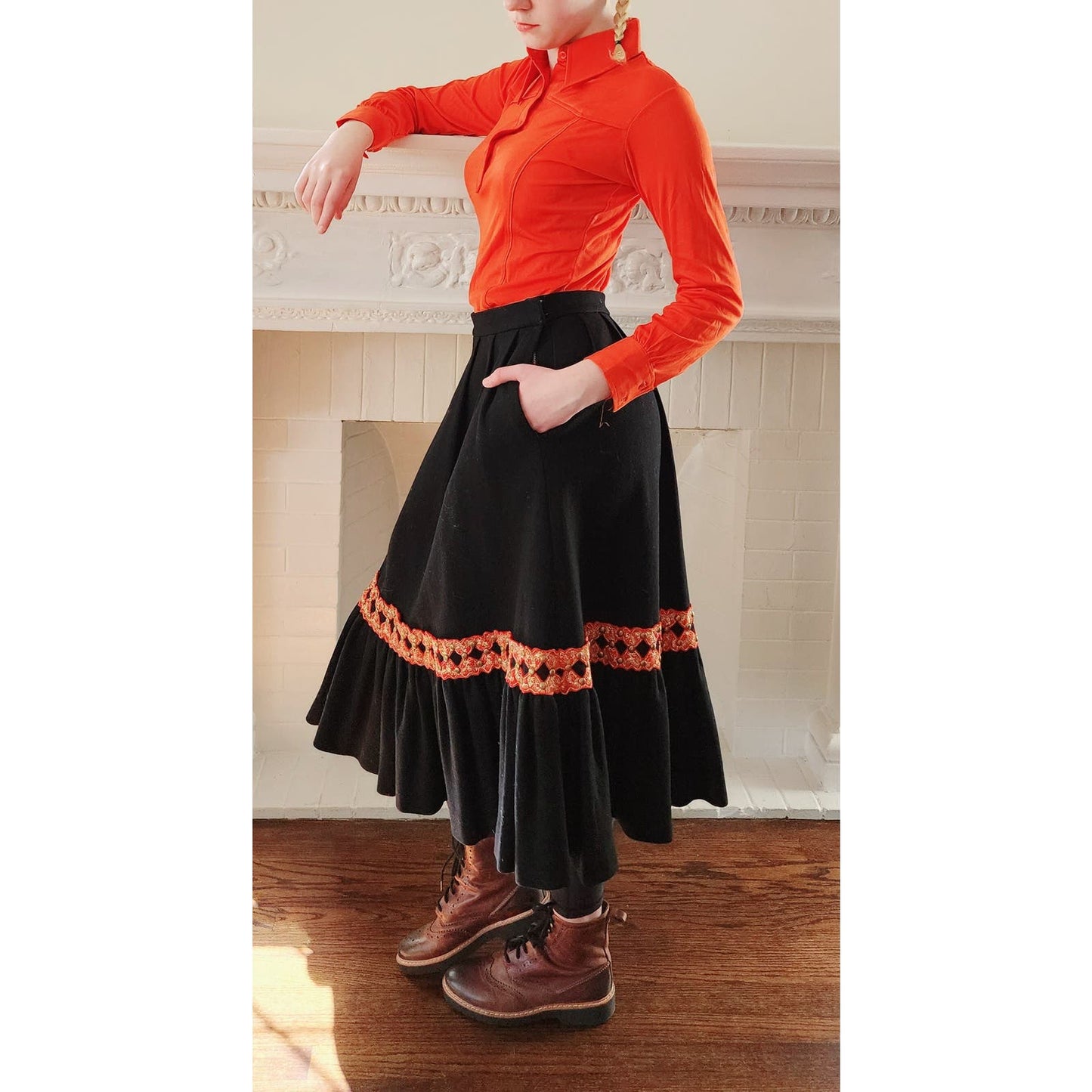 Vintage 40s Black Wool Peasant Skirt Red Gold Embroidery Cabana Sportswear
