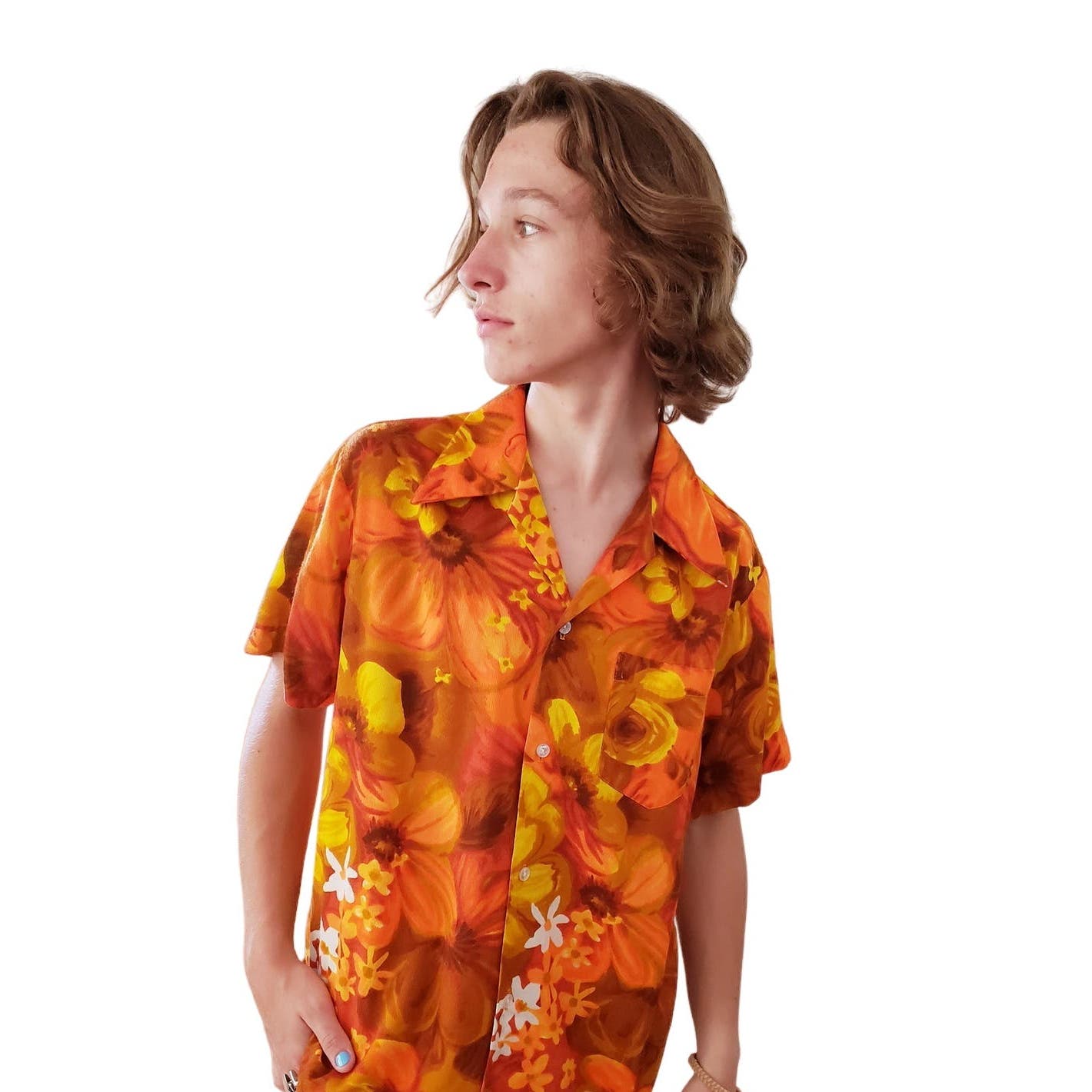 Vintage 60s Mens Hawaiian Shirt Pomare Orange Yellow Floral Print