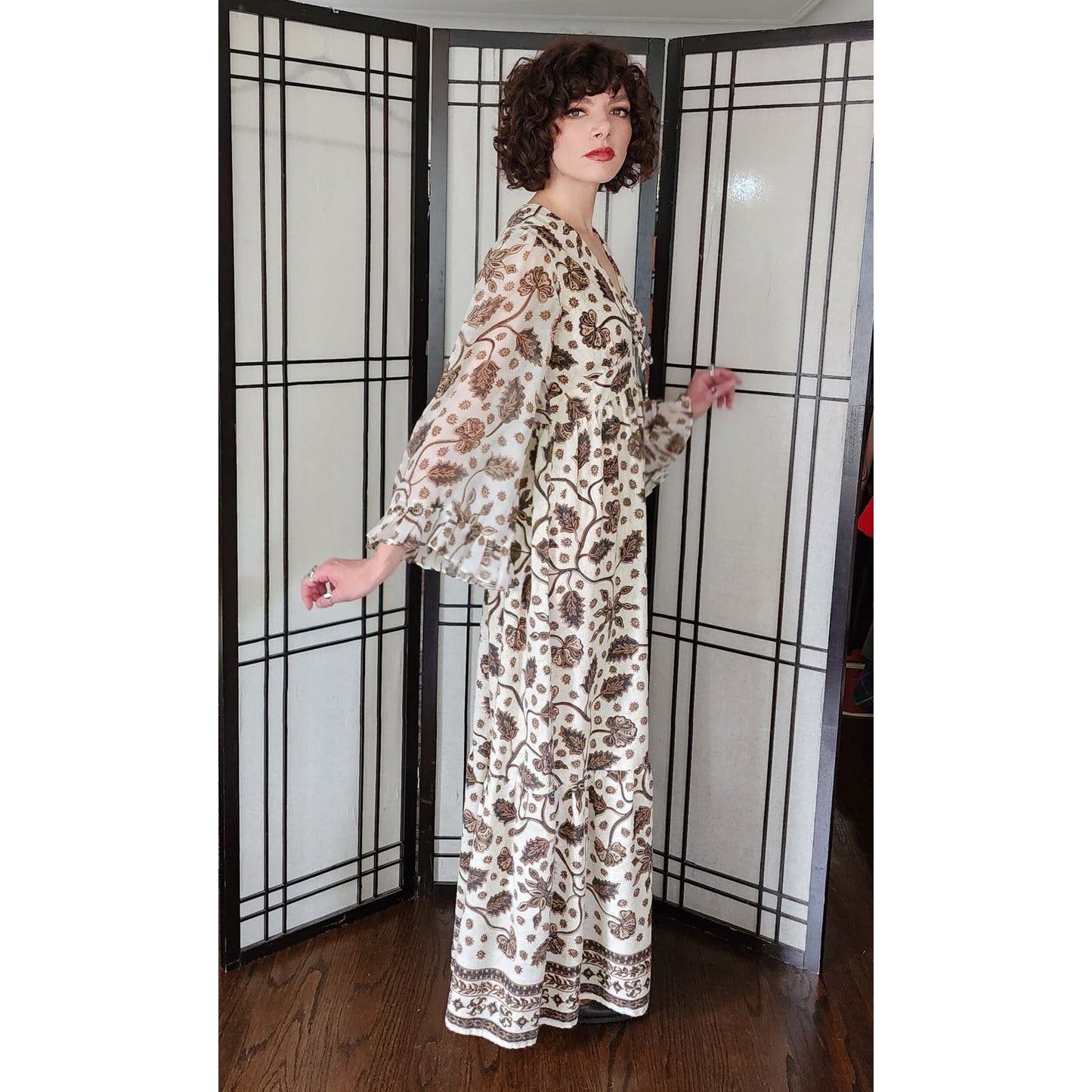 Vintage 70s India Cotton Maxi Dress Cream Brown Boho Floral Print