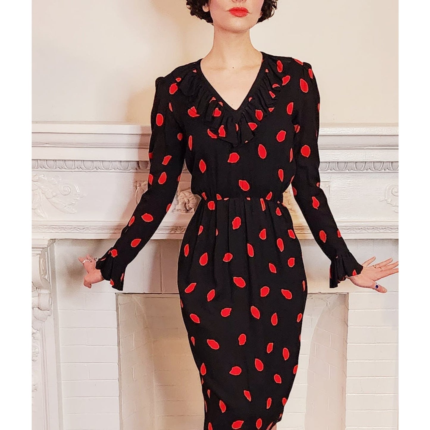 Vintage 70s Yves Saint Laurent Dress Black Red Print Rive Gauche