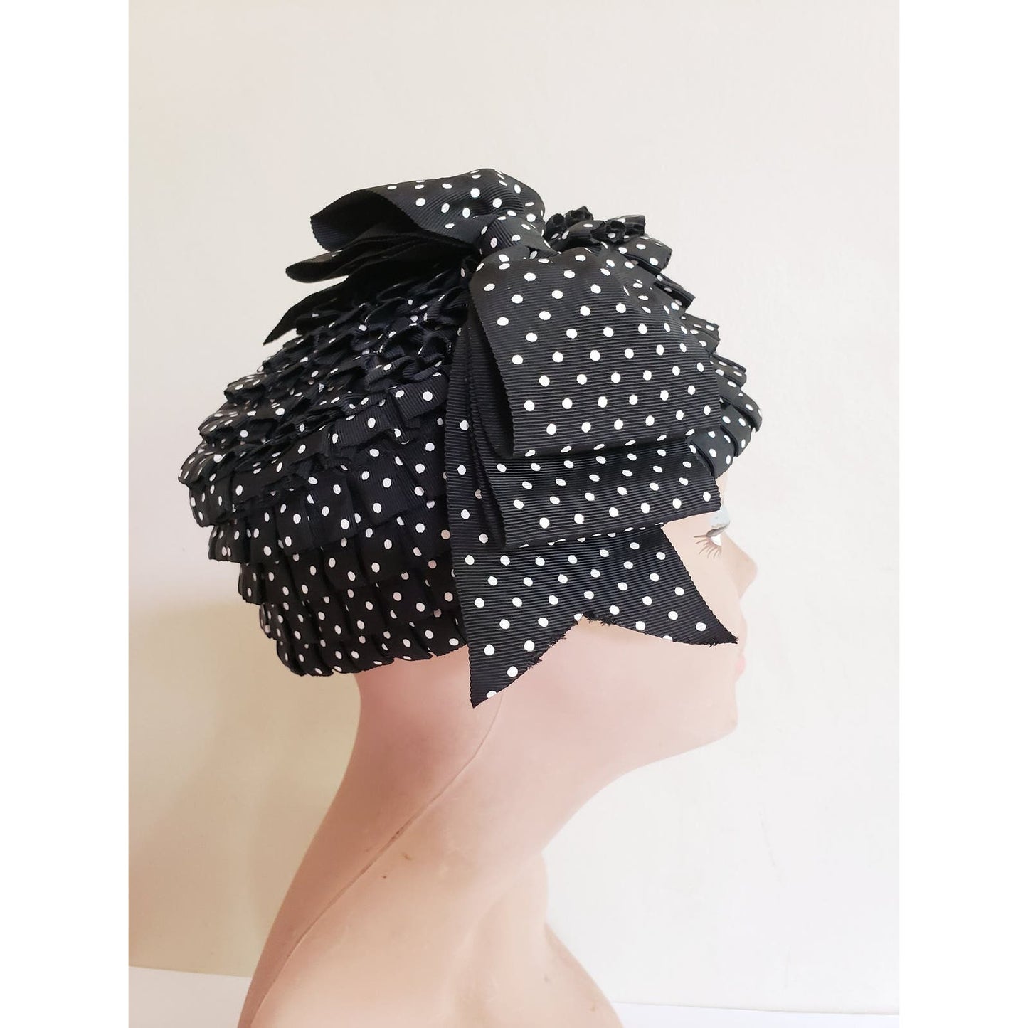 Vintage 60s Hat Black White Polka Dot Print Mod Toque Bow Ruffles