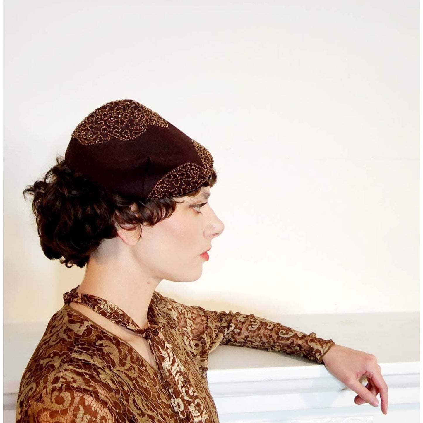 Vintage 50s Brown Felt Hat Copper Beaded Art Deco Style
