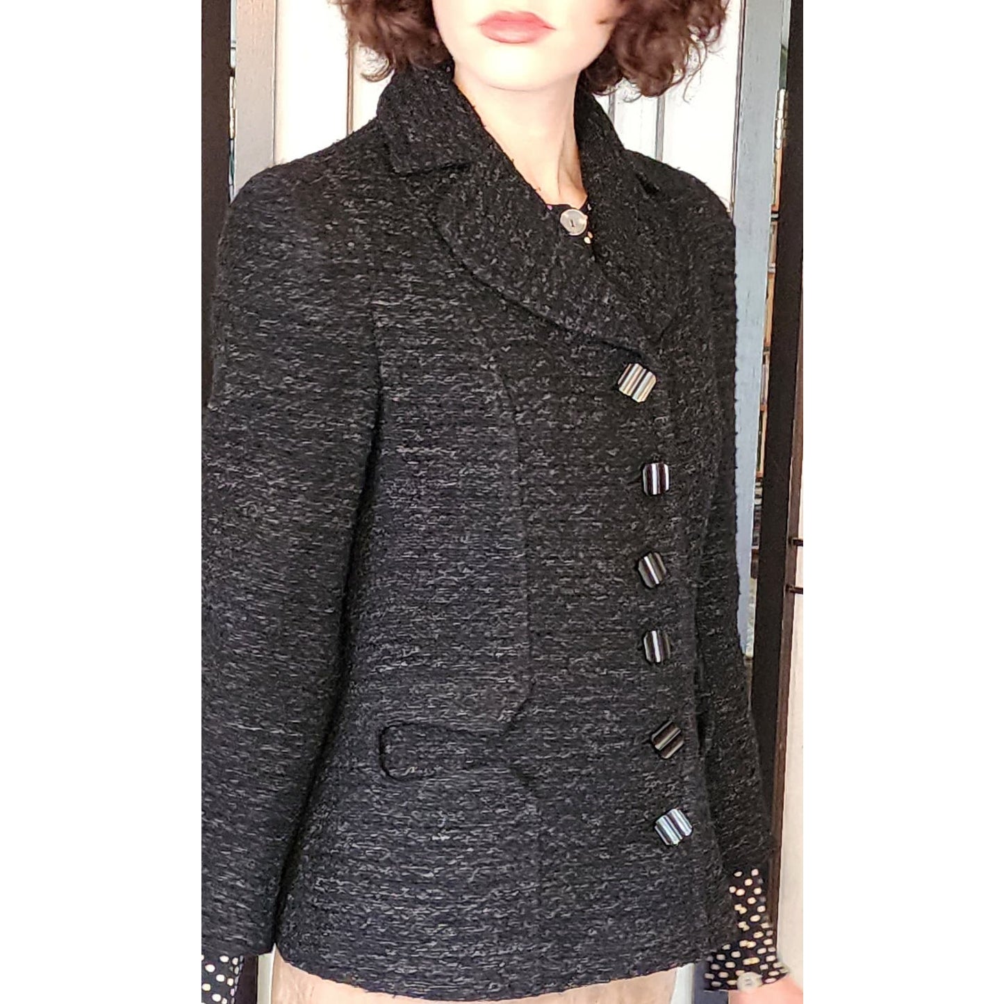 Vintage 40s Black Blazer in Nubby Wool Shiny Buttons / S