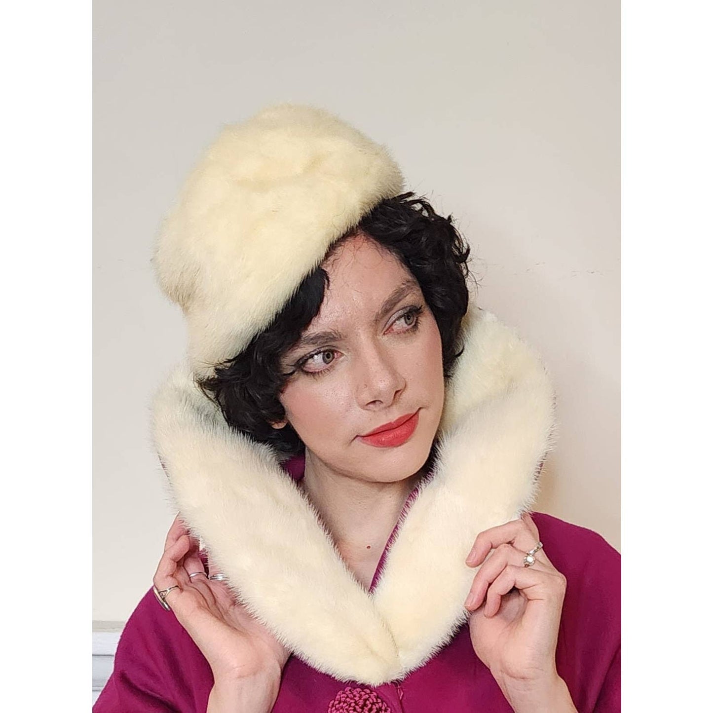 Vintage 60s White Mink Fur Hat Pillbox Beanie Hudson's Salon Detroit