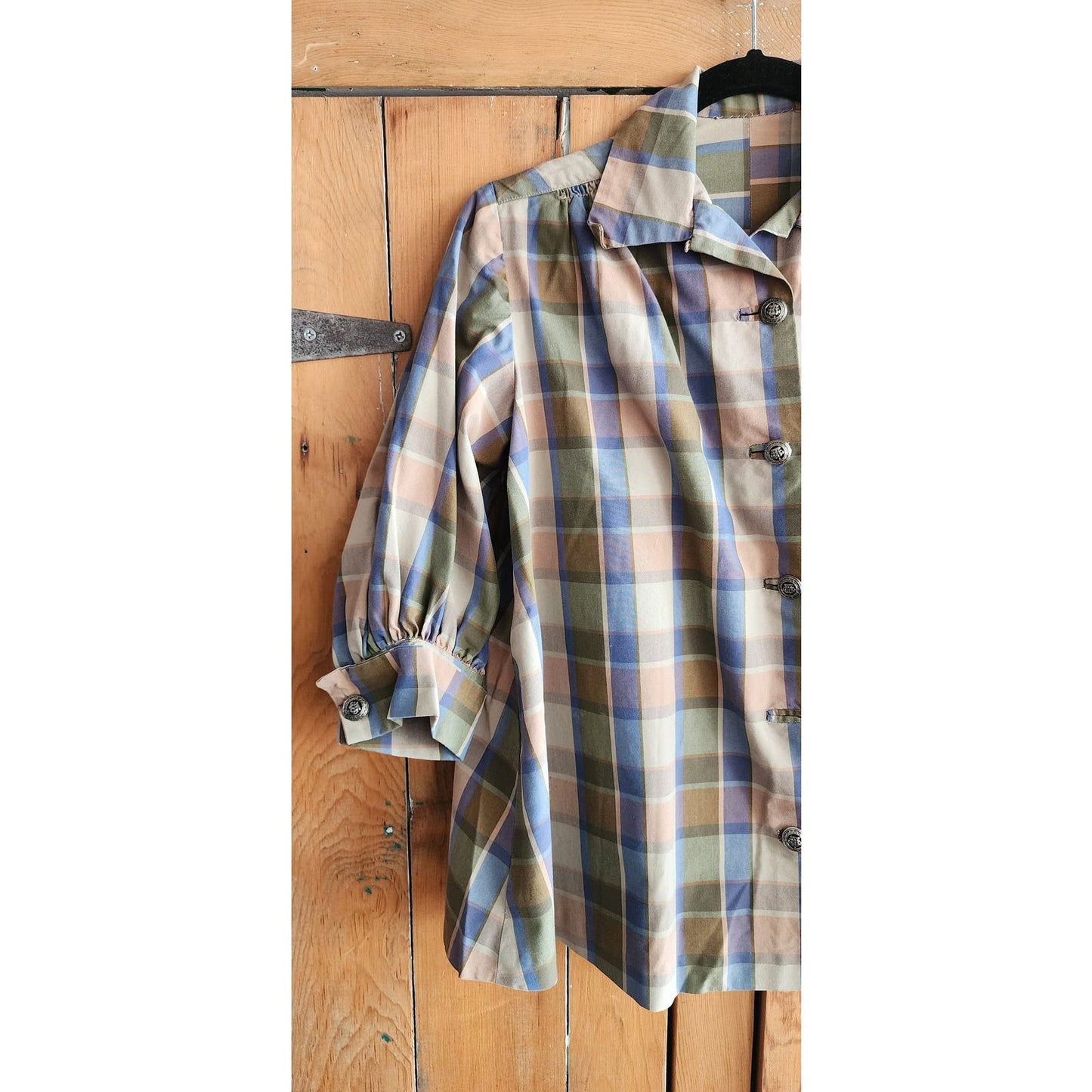 Vintage 60s Maternity Blouse Plaid Print Blue Beige