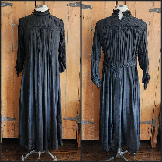 Antique 1910s Black Day Dress Long Sleeves Pleated Cotton Edwardian M