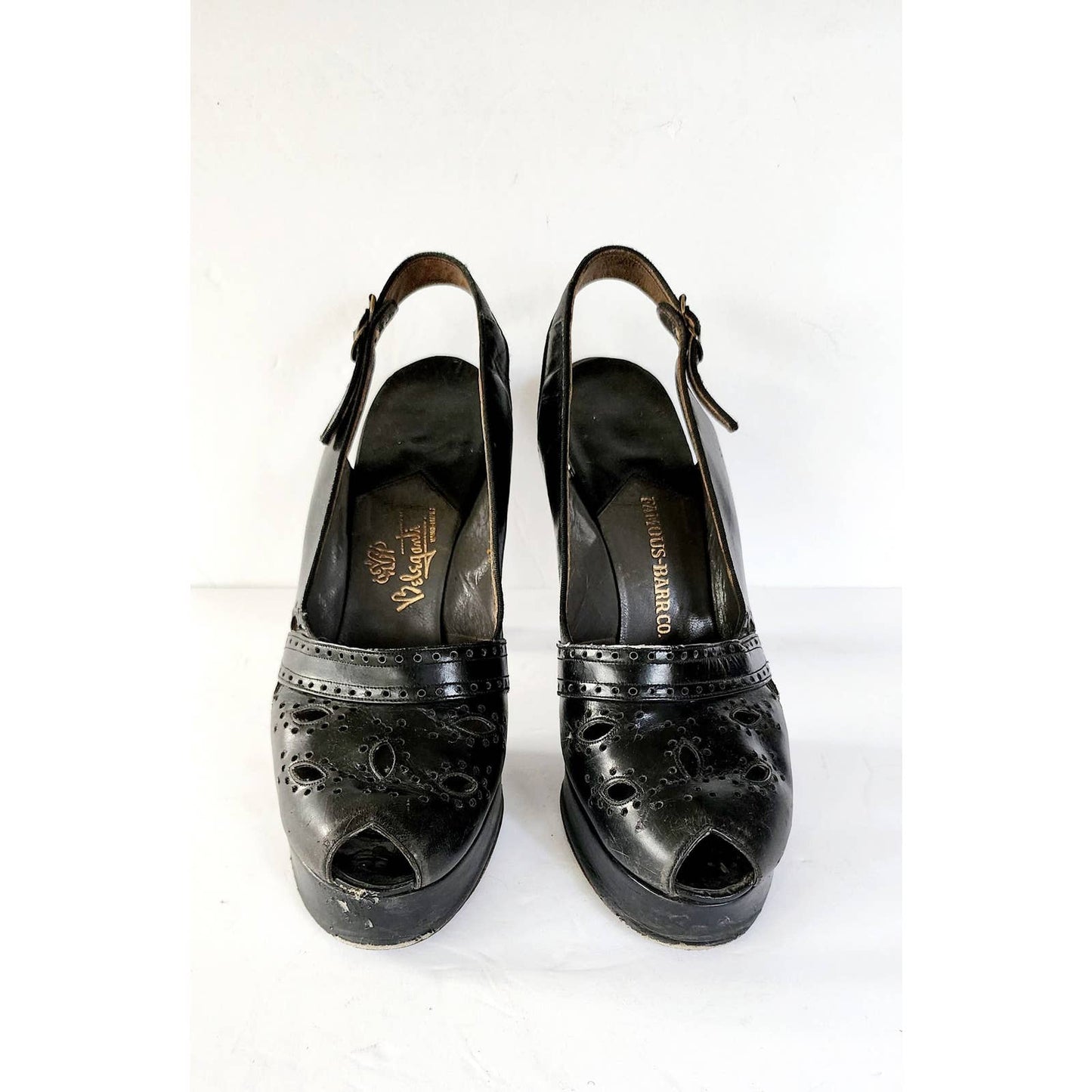 Vintage 40s Shoes Black Leather Slingbacks High Heel Beleganti Size 7